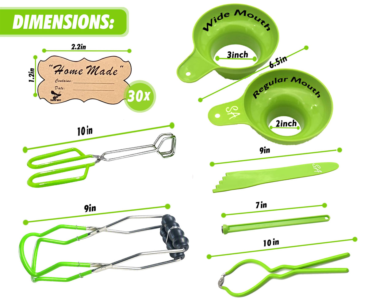 Supa Ant Canning Supplies - USA Assembled & Certified Food Grade Stainless Steel Starter Set Canning Kit for Beginners - Wide Kitchen Funnel, Jar Lifter and Wrench, Bubble Popper/Measurer, Lid Lifter