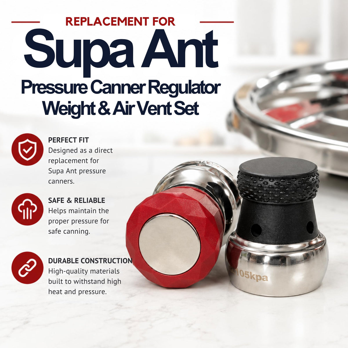Supa Ant Pressure Canner Spares Parts - Pressure Cooker Regulator Weight & Air Vent Set – Includes 10 PSI Jiggler Weight with 10 PSI Air Vent and 15 PSI Jiggler Weight with 15 PSI Air Vent