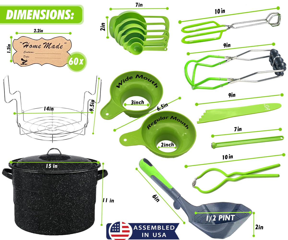 Supa Ant Canning Supplies - USA Assembled & Certified Food Grade Stainless Steel Starter Set Canning Kit for Beginners - Wide Kitchen Funnel, Jar Lifter and Wrench, Bubble Popper/Measurer, Lid Lifter