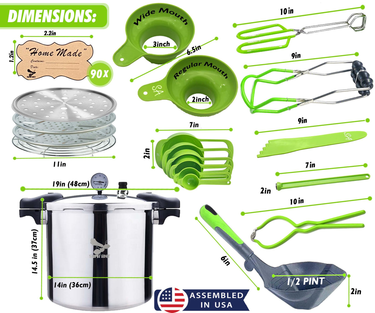 Supa Ant Canning Supplies - USA Assembled & Certified Food Grade Stainless Steel Starter Set Canning Kit for Beginners - Wide Kitchen Funnel, Jar Lifter and Wrench, Bubble Popper/Measurer, Lid Lifter