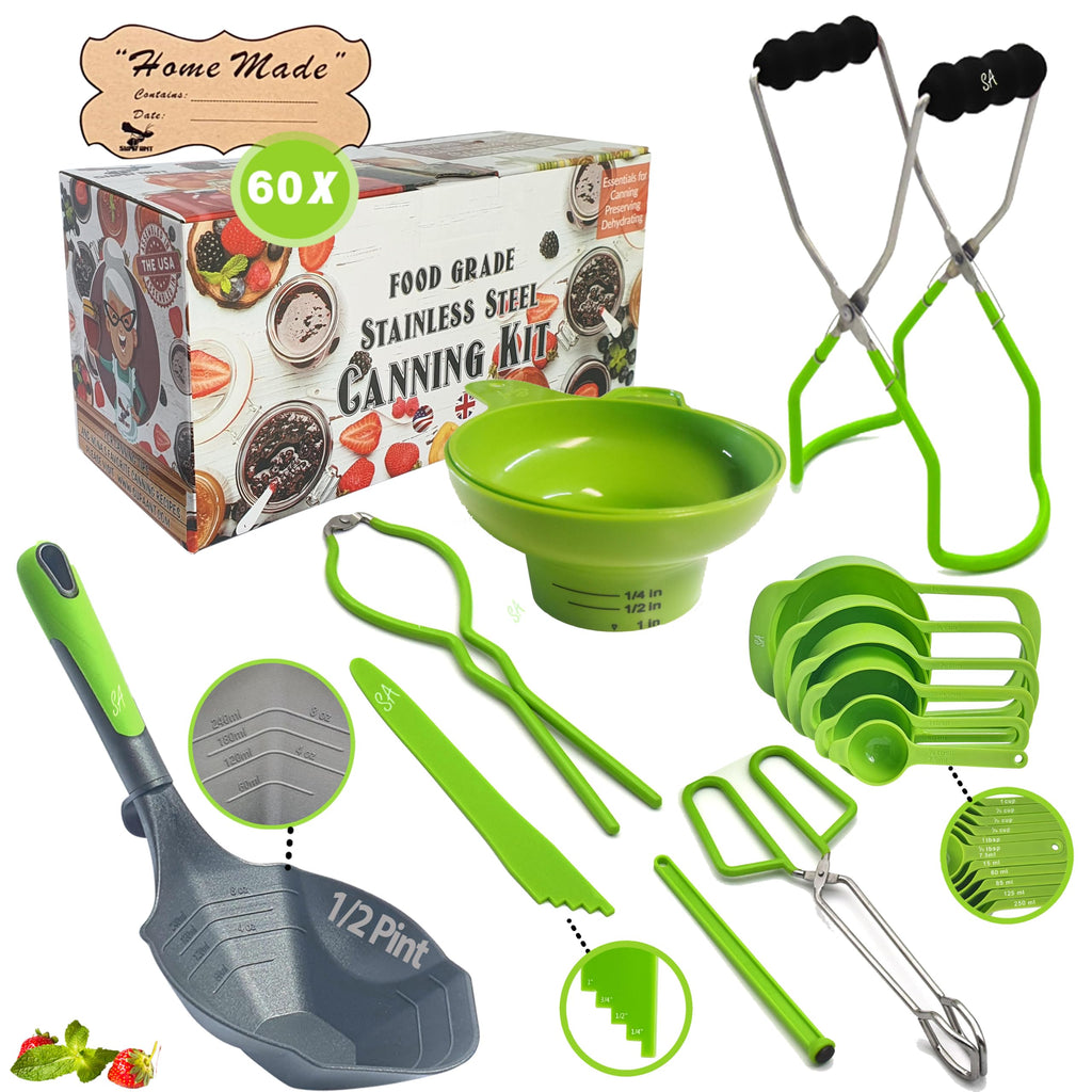 Supa Ant Canning Supplies - USA Assembled & Certified Food Grade Stainless Steel Starter Set Canning Kit for Beginners - Wide Kitchen Funnel, Jar Lifter and Wrench, Bubble Popper/Measurer, Lid Lifter