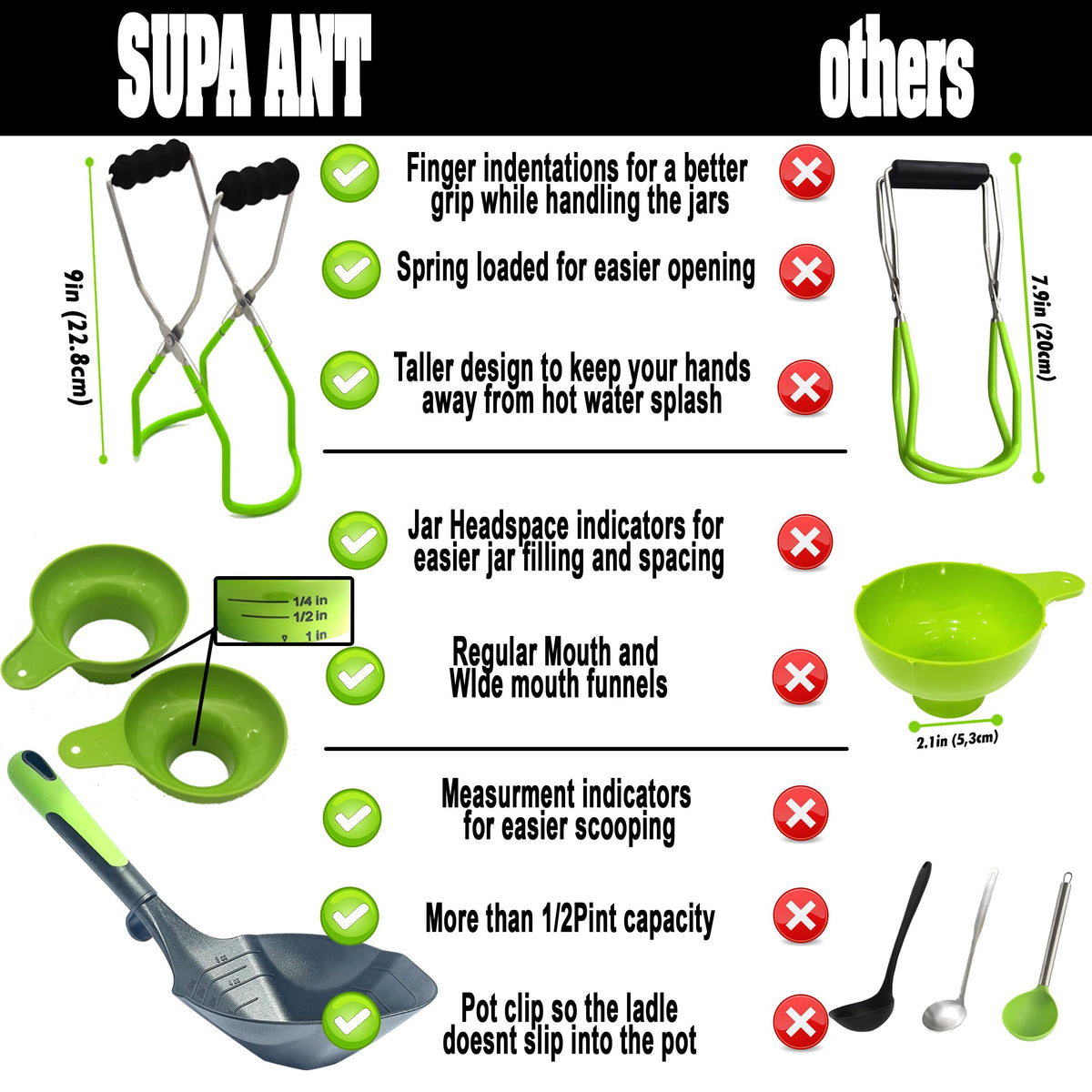 Supa Ant Canning Supplies - USA Assembled & Certified Food Grade Stainless Steel Starter Set Canning Kit for Beginners - Wide Kitchen Funnel, Jar Lifter and Wrench, Bubble Popper/Measurer, Lid Lifter