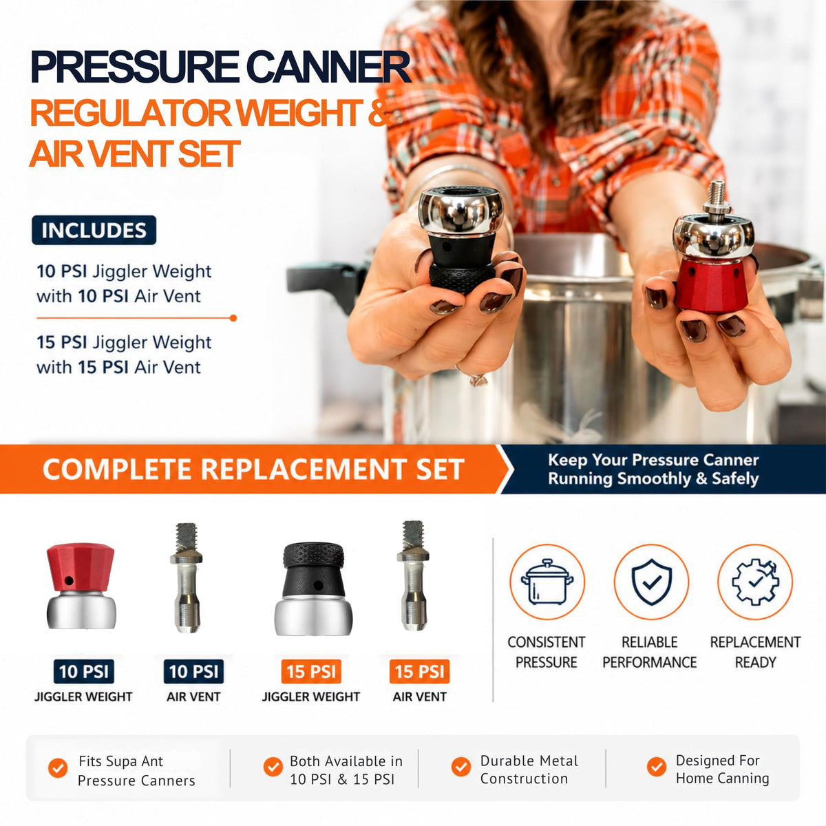 Supa Ant Pressure Canner Spares Parts - Pressure Cooker Regulator Weight & Air Vent Set – Includes 10 PSI Jiggler Weight with 10 PSI Air Vent and 15 PSI Jiggler Weight with 15 PSI Air Vent