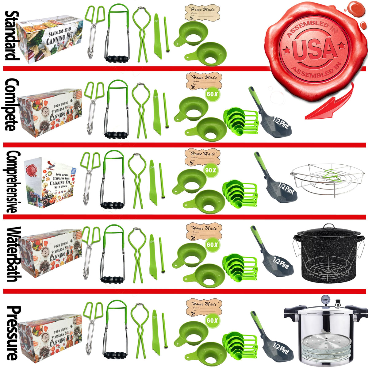 Supa Ant Canning Supplies - USA Assembled & Certified Food Grade Stainless Steel Starter Set Canning Kit for Beginners - Wide Kitchen Funnel, Jar Lifter and Wrench, Bubble Popper/Measurer, Lid Lifter